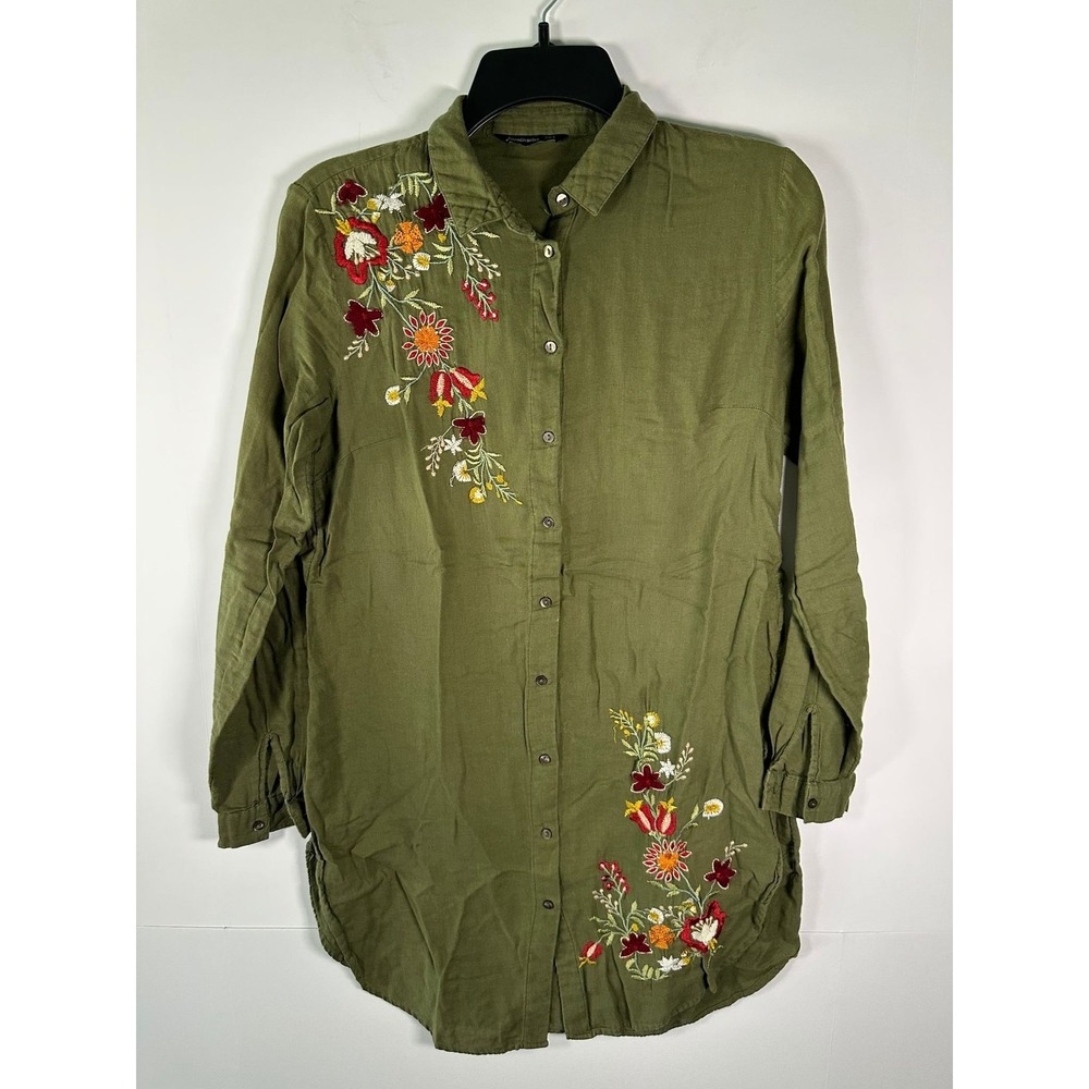 Stradivarius Shirt Womens S Long Sleeve Button Up Embroidered Floral Olive Tunic